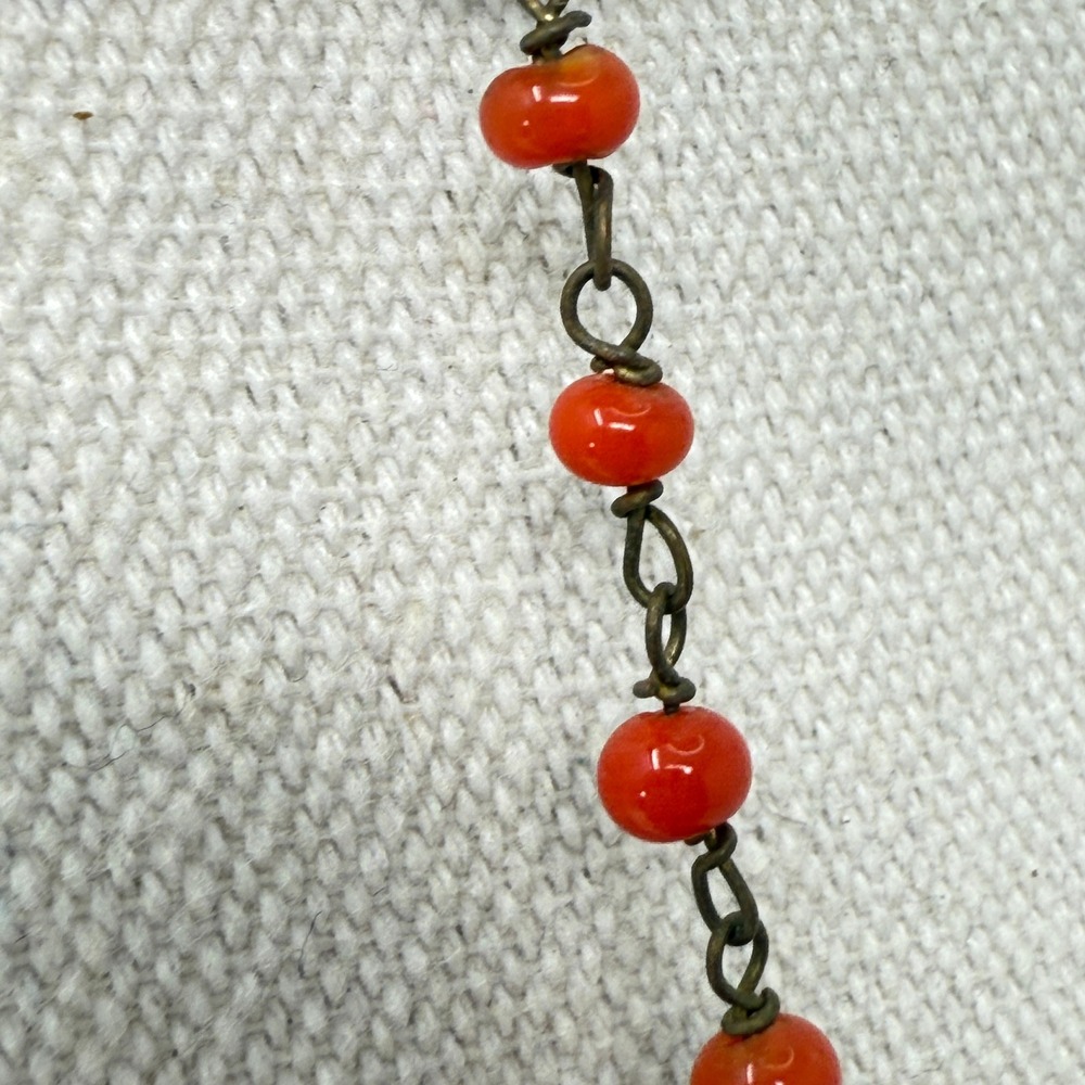 Art Deco Red Glass Bead‎ Flapper Necklace Striped Barrel Lampwork Boho Statement - Picture 6 of 7